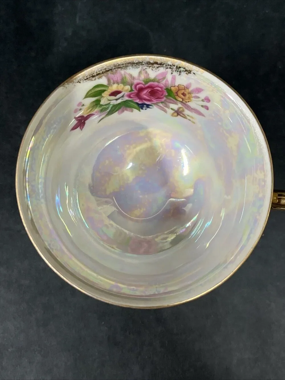 VTG L M Royal Halsey Very Fine Teacup & Saucer Floral Pink Green Gold Iridescent